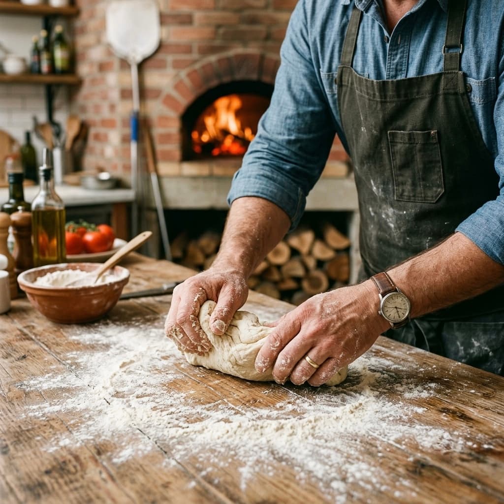 Pétrissage de la pâte à pizza à la main, four à bois allumé en arrière-plan